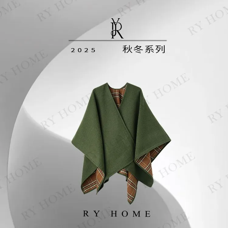 【容雨RYHOME】羊毛混纺双面拼格子披肩外套253WJ1143