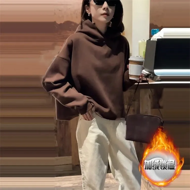 美拉德复古加绒加厚连帽卫衣女2025冬季新款打底宽松保暖休闲上衣