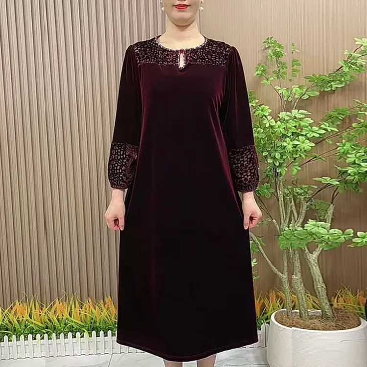 洋气高贵妈妈装连衣裙气质中老年长袖秋季宽松圆领钉珠高档裙子