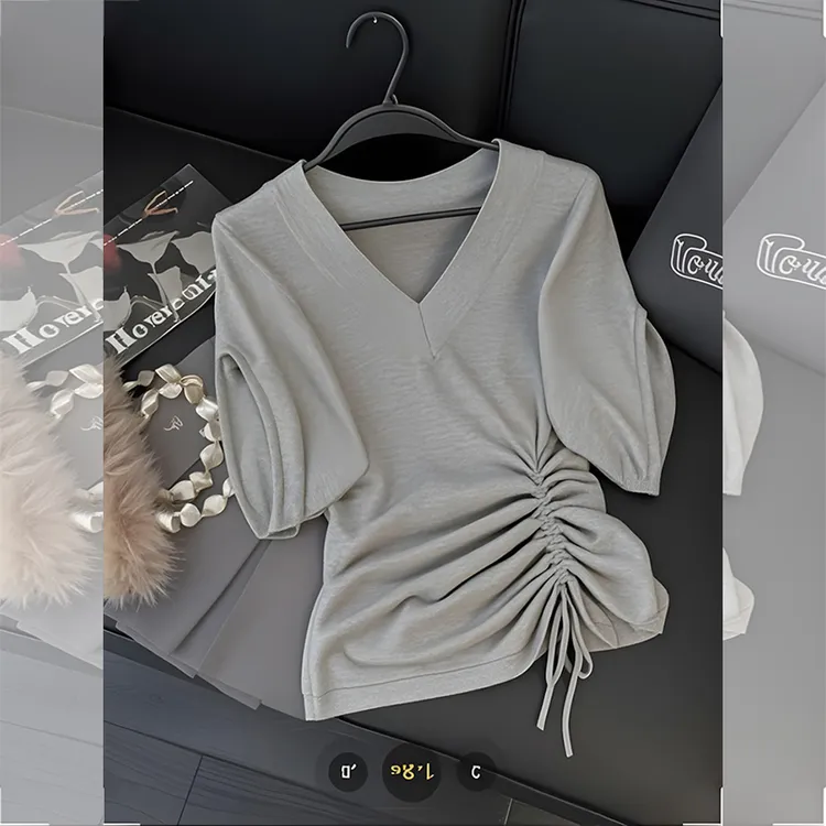 灰色v领短袖t恤女夏季新款百搭收腰褶皱系带衬衫今年流行减龄上衣