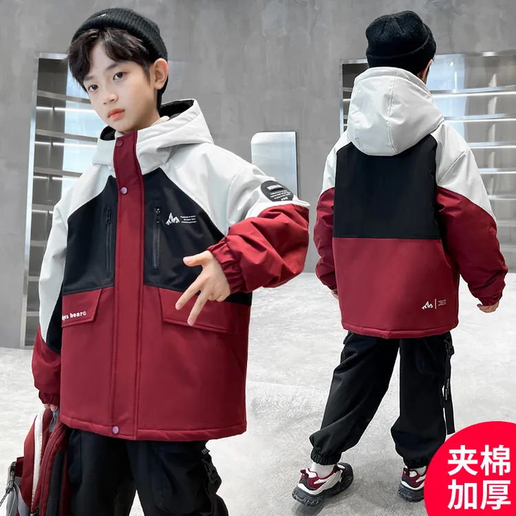 男童中大童秋冬连帽夹棉加厚外套时尚拼色防风夹克宽松炸街休闲潮