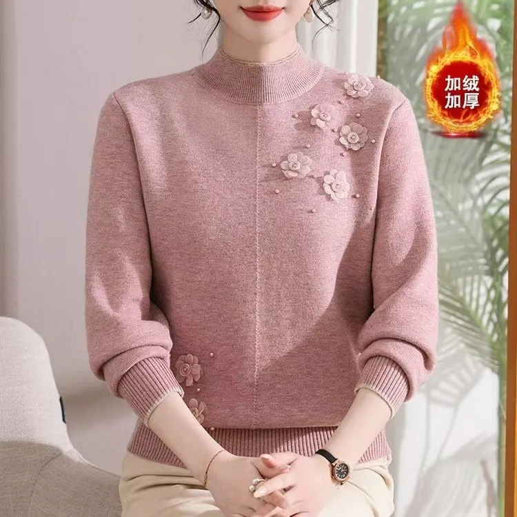 中老年加绒针织衫中老年女装肌理常规法式半高领9317