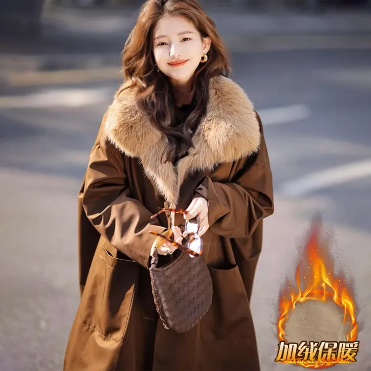 官图 派克服中长款2024秋冬新款翻领毛毛外套时尚保暖宽松大衣女