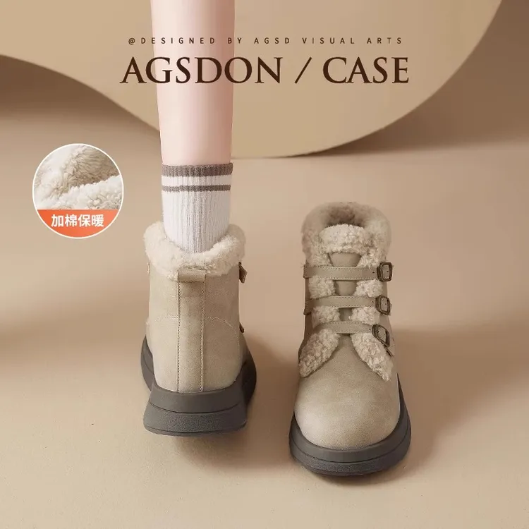 奥古狮登马丁靴女2025新款秋冬季雪地靴厚底加绒加厚棉鞋勃肯短靴