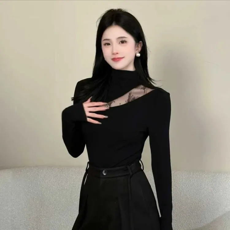 半高领网纱蕾丝【加绒锁温】冬款修身显瘦打底衫T恤气质百搭女上衣