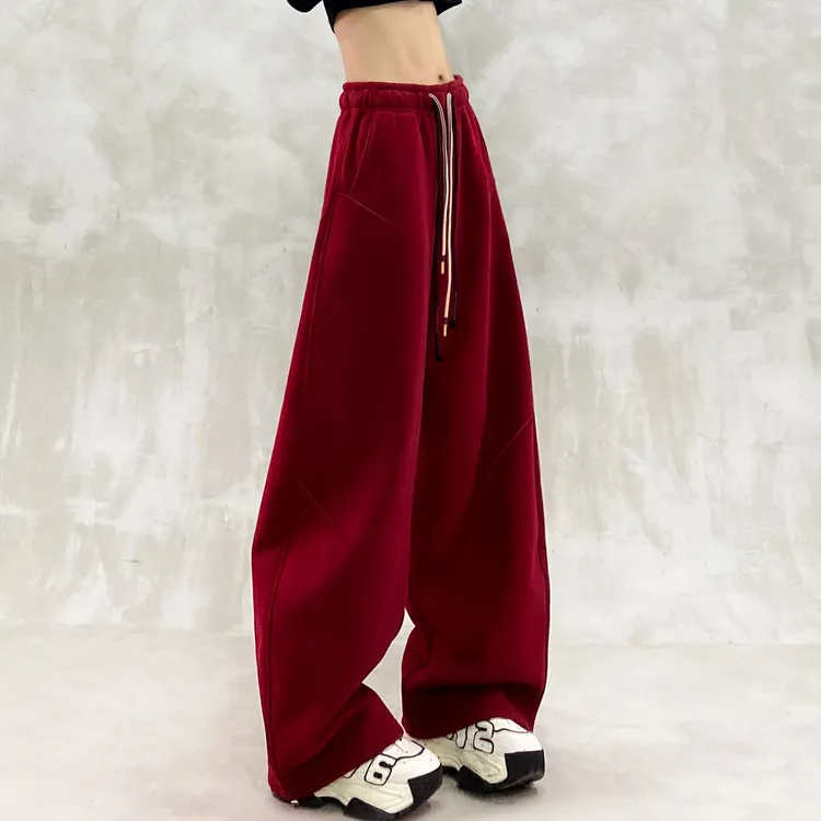 帅气抽绳设计拼接加绒休闲弯刀裤女冬新款高腰宽松显瘦百搭香蕉裤