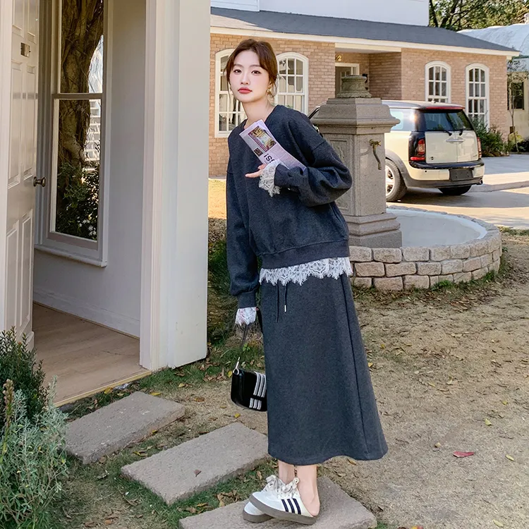 深灰色高级感时尚套装裙女2025春季韩系慵懒风洋气减龄卫衣半身裙