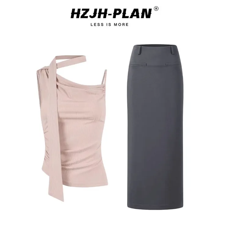 斜肩飘带挂脖吊带法式设计感纯欲无袖上衣半身裙套装