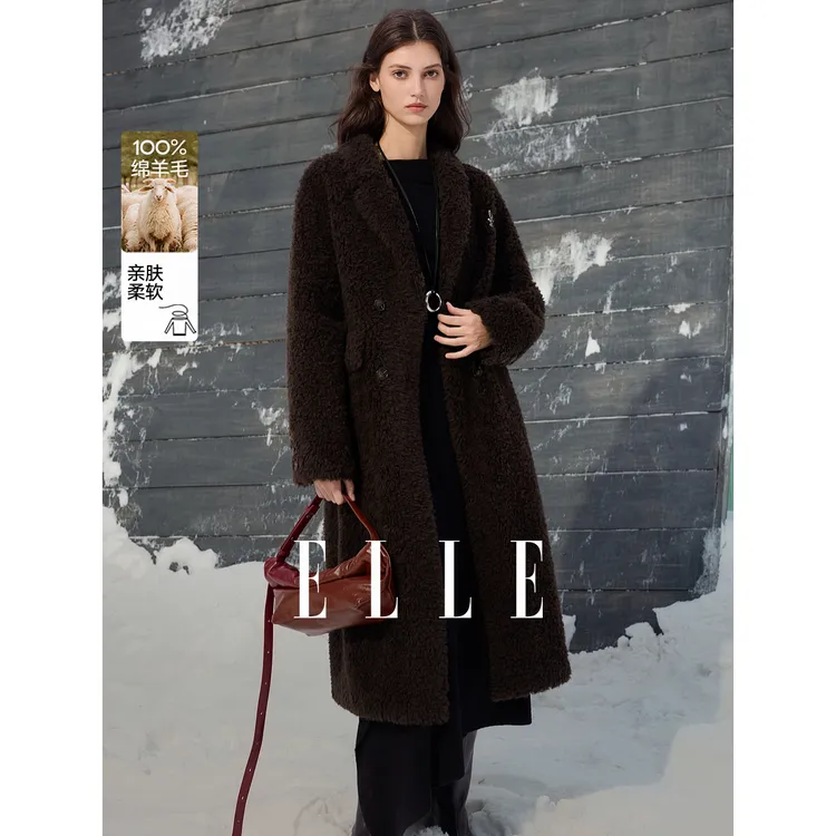 【100%绵羊毛】ELLE女装长款毛毛外套2025冬新款仿皮草上衣EF53041