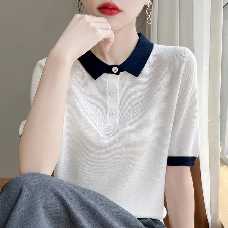 拼色POLO领短袖T恤针织洋气减龄撞色T恤宽松上衣24夏季薄款