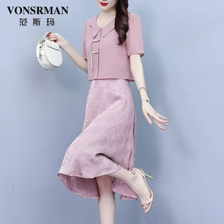 VONSRMAN连衣裙子女士装春秋冬季款2025年新款假两件中式显瘦裙子
