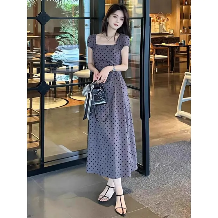 高端精致气质连衣裙女夏季2025新款法式高级方领收腰显瘦波点裙子