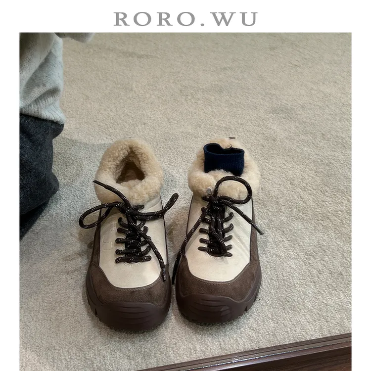 娆娆吴·磨砂牛皮运动风休闲拼色系带毛毛鞋冬季新款深口单鞋女M45