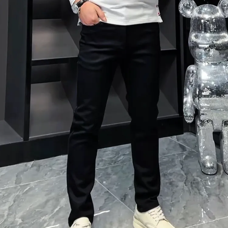 A秋冬男士高端加厚直筒休闲裤时尚修身弹力百搭休闲裤子黑色轻奢