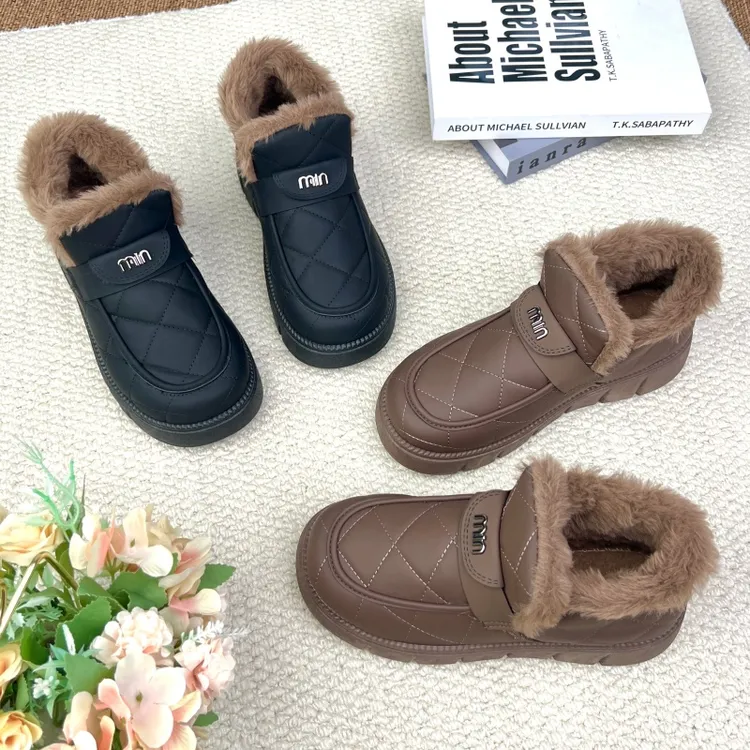 冬季时尚百搭女士雪地靴厚底防滑加绒保暖棉靴休闲棉鞋一脚蹬靴子