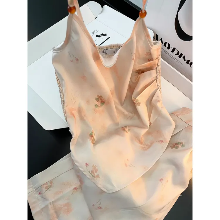 法式甜美冰丝睡衣女款爆款2025新款女夏季款吊带长裤家居服套装