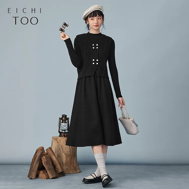 爱居兔冬季柔软舒适复古时尚针织衫两件套连衣裙EQLSJ4N004A