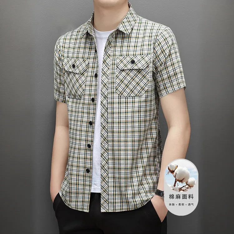 GS夏季新款格子短袖衬衫男时尚潮牌休闲百搭宽松薄款速干透气衣服
