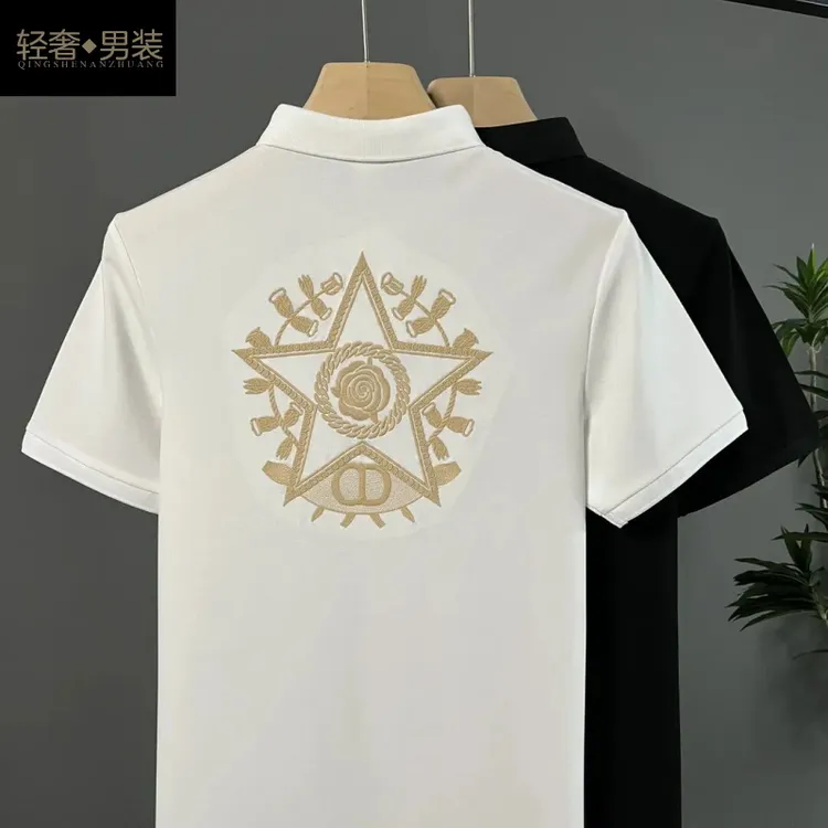夏季刺绣牡丹男士修身Polo衫男短袖透气帅气潮流休闲保罗翻领t衫