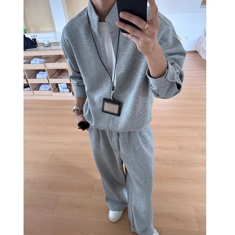 早秋穿搭假两件卫衣套装男款高级感痞帅长袖上衣美式潮牌微喇卫裤