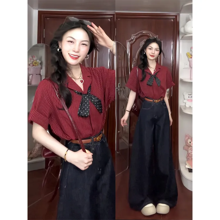 韩系气质高级感纯色条纹短袖西装领显白衬衫上衣宽松深色牛仔裤女