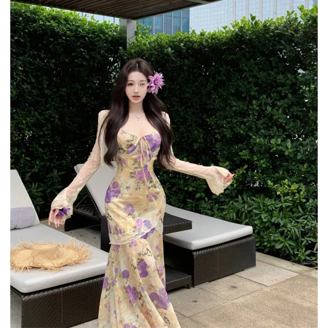 时尚潮流碎花连衣裙春夏新款度假风穿搭开衫吊带鱼尾长裙