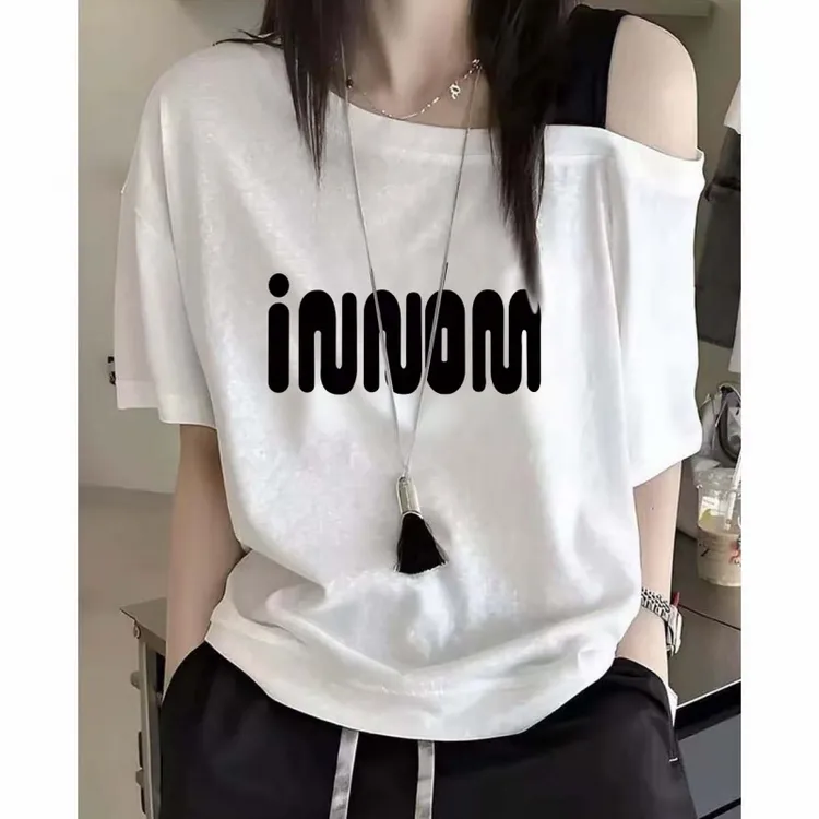 显瘦上衣撞色夏季宽松大码胖妹妹韩版斜肩吊带字母新款短袖t恤女