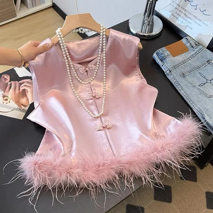 大码新中式国风盘扣流光缎显瘦遮肉贵气马甲6130