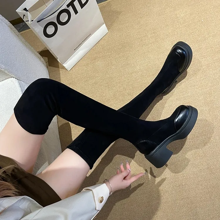 过膝高跟长筒弹力靴美拉德风靴子高筒百搭筒靴女靴小个子厚底显瘦