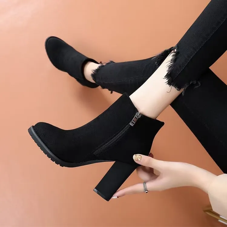 2025秋冬新款单棉同款韩版百搭翻毛黑色马丁靴加绒高跟英伦风女鞋