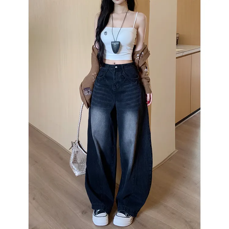 黑灰潮酷廓形弯刀牛仔裤女2025年秋季新款高腰宽松显瘦痞帅阔腿裤