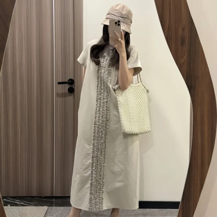 复古气质木耳边拼接短袖连衣裙女2025夏季大码胖MM显瘦减龄长裙子