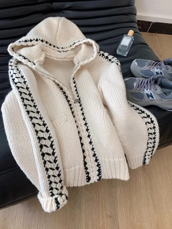 粗毛线连帽撞色宽松长袖拉链针织毛衣开衫外套女慵懒风高级感上衣