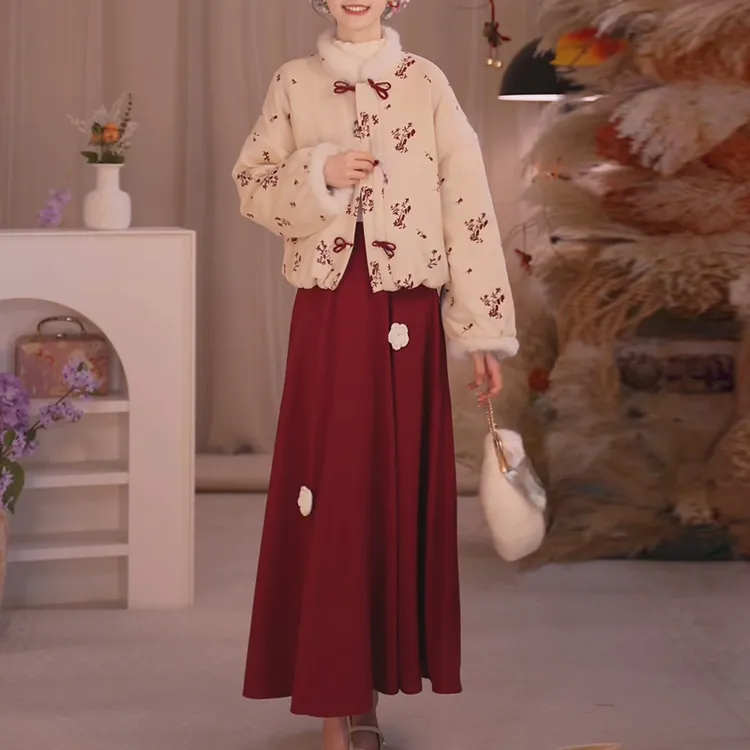 【红枝暮雪】冬季厚款连理枝盘扣外套立体手工花加绒半裙时尚套装女