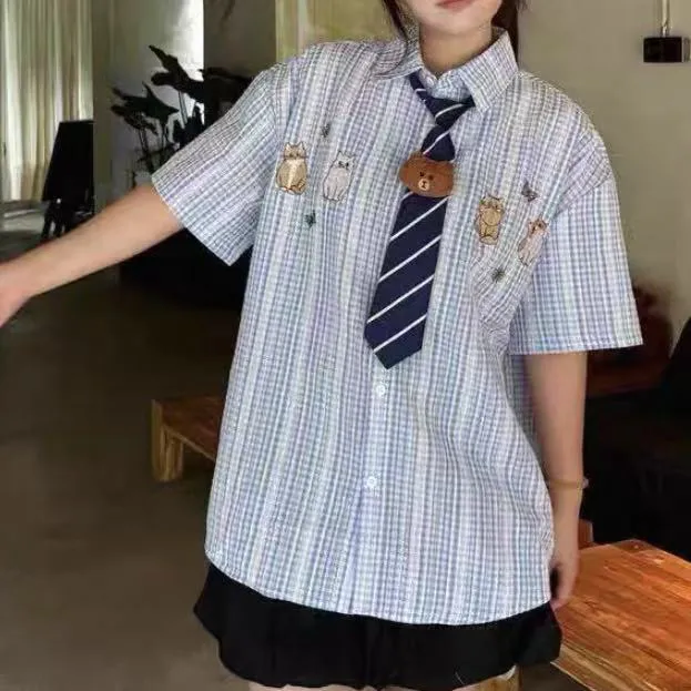 大码女装复古卡通刺绣短袖衬衫百褶短裙减龄套装