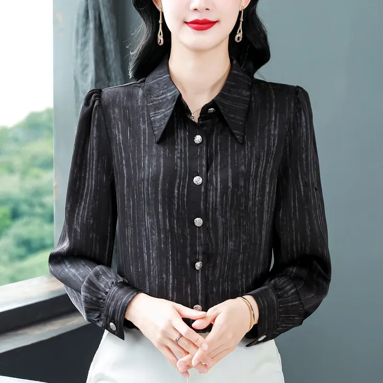 条纹秋冬长袖上衣2025新款雪纺遮肚衬衣时尚百搭气质衬衫女士
