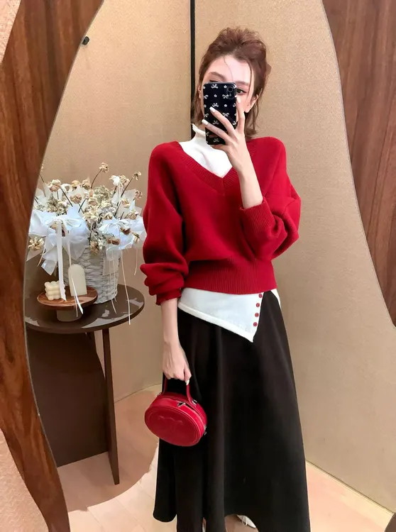 【芝士Cheese】微醺莫吉托 V领蝙蝠袖针织宽松慵懒冬季套头真两件