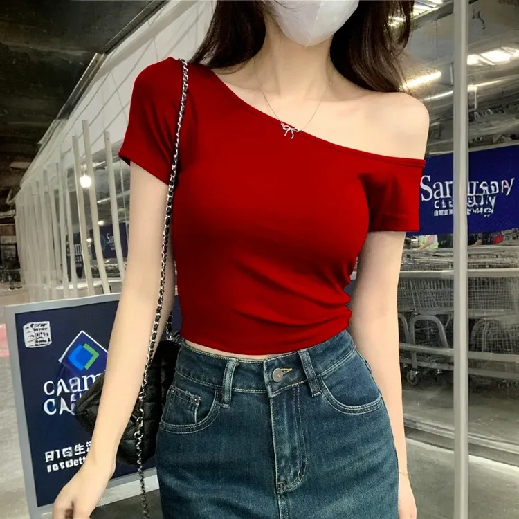 红色短款一字肩短袖T恤女夏季斜肩露肩辣妹修身显瘦纯欲百搭上衣