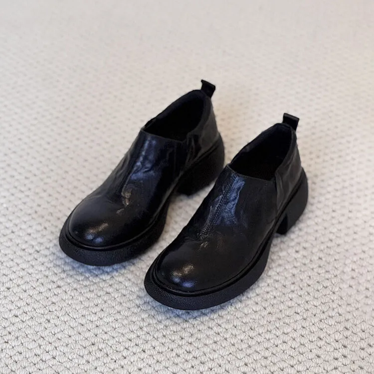 羊皮版~厚底乐福鞋女英伦风一脚蹬黑色jk小皮鞋通勤百搭粗跟单鞋