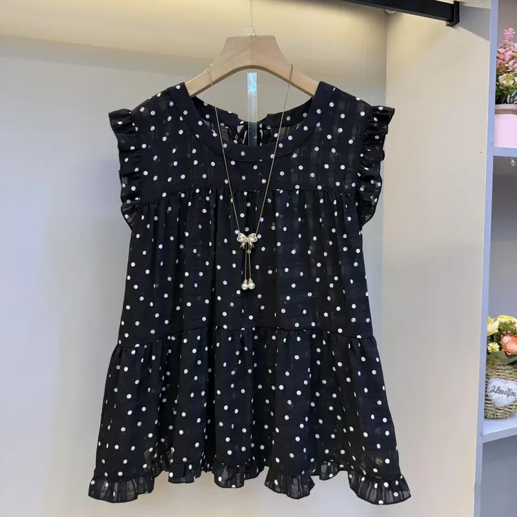 2025新款大码女装宽松韩版木耳边袖减龄洋气波点衫