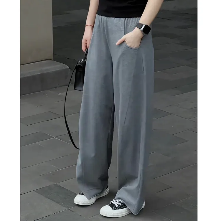 百搭老钱风抽绳阔腿裤早秋新款加大轻奢高级松紧腰简约直筒休闲裤