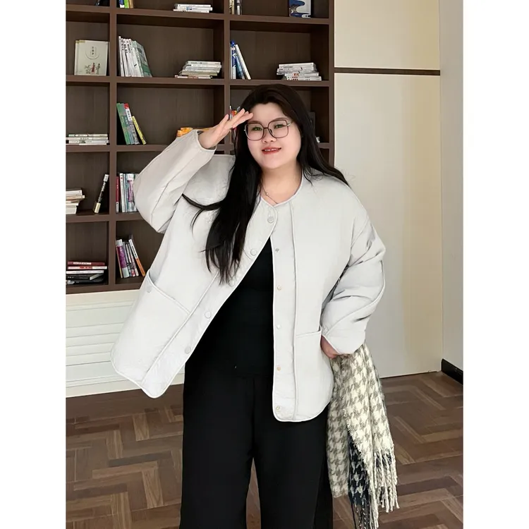 花契“慕斯奶芙”大码女装秋冬百搭200斤胖mm时尚圆领棉服15696-X