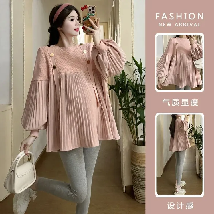 时髦孕妇装新款针织拼接灯笼袖遮肚显瘦上衣孕妇春秋百褶裙两件套