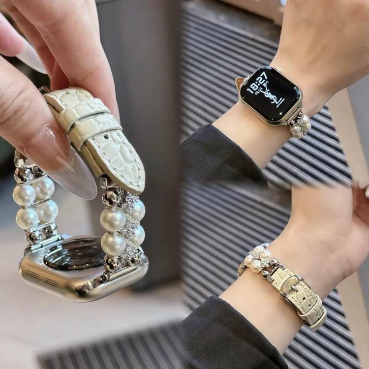 珍珠链拼鳄鱼纹皮适用苹果appleiWatchs10表带女s9s8s765高级se21