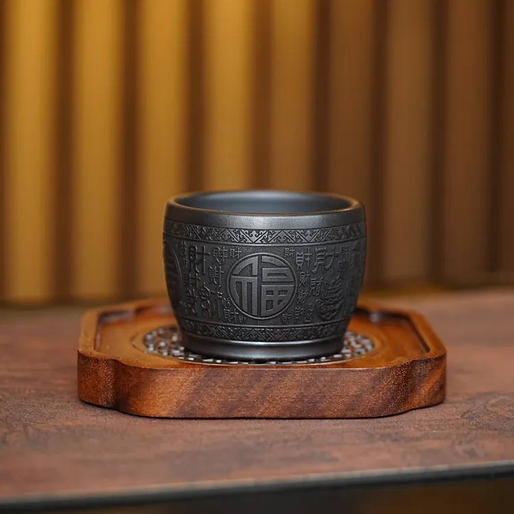 宜兴原矿紫砂石黄全手工刻绘百财主人杯高端品茗杯