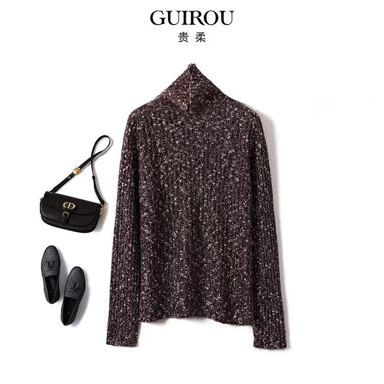 【绵羊毛+山羊绒】羊绒花纱堆堆领坑条显瘦针织打底衫上衣软糯毛衣