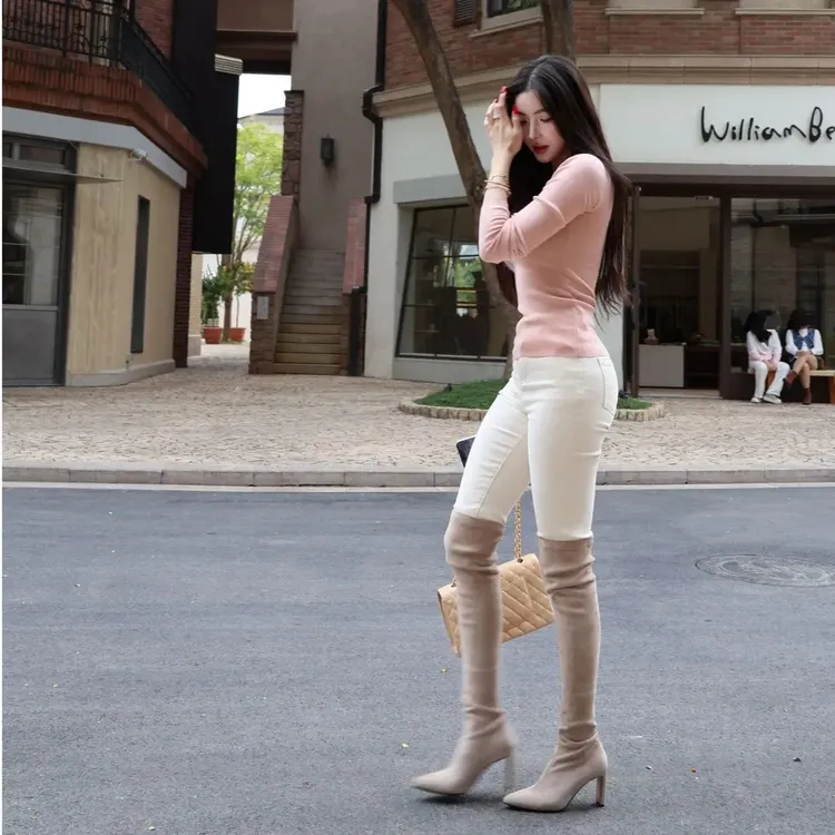 尖头高跟过膝长靴女2025秋冬新款绒面显瘦长筒靴弹力过膝靴袜靴子