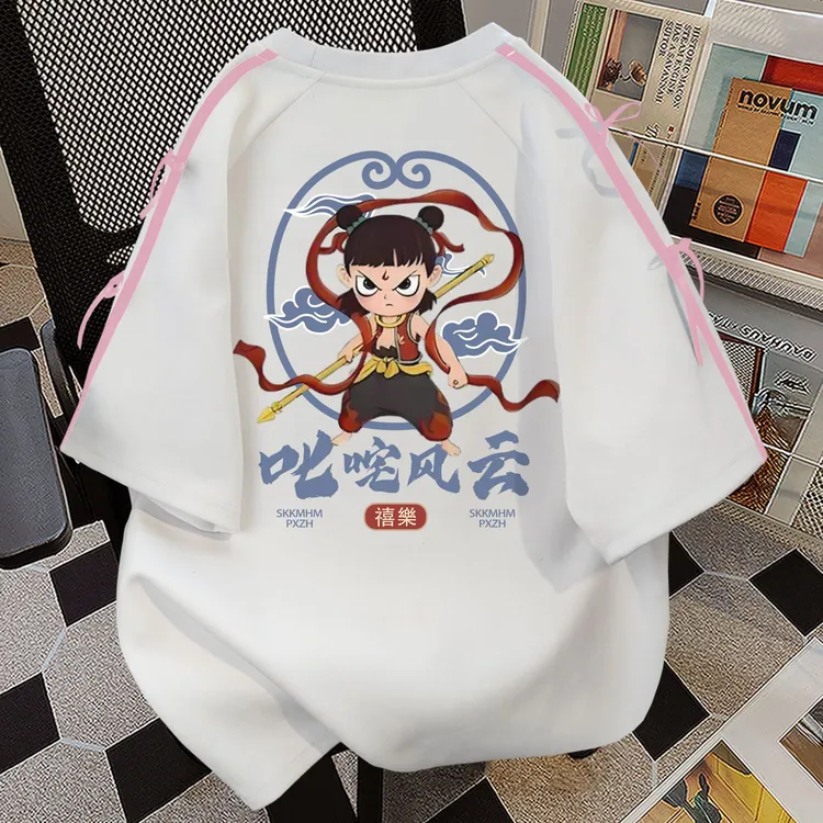 100%纯棉美式高街哪吒短袖t恤女夏季新款宽松休闲韩版情侣上衣ins