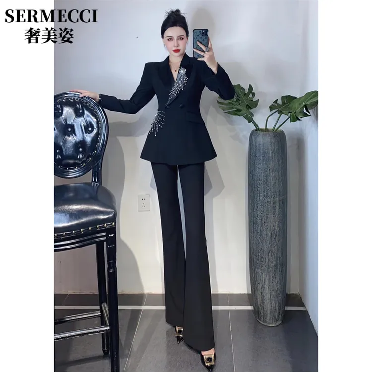 奢美姿高端上班服女总裁气质重工钉钻黑色收腰西装微喇叭裤两件套
