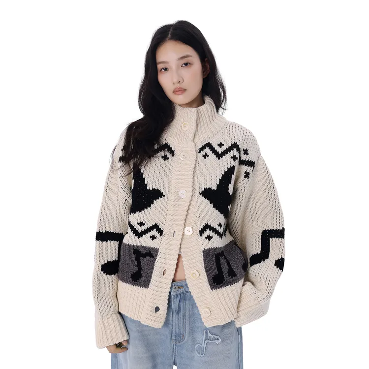 LOVEMELATER新款双色燕子提花粗织毛衣舒适休闲重磅针织开衫外套